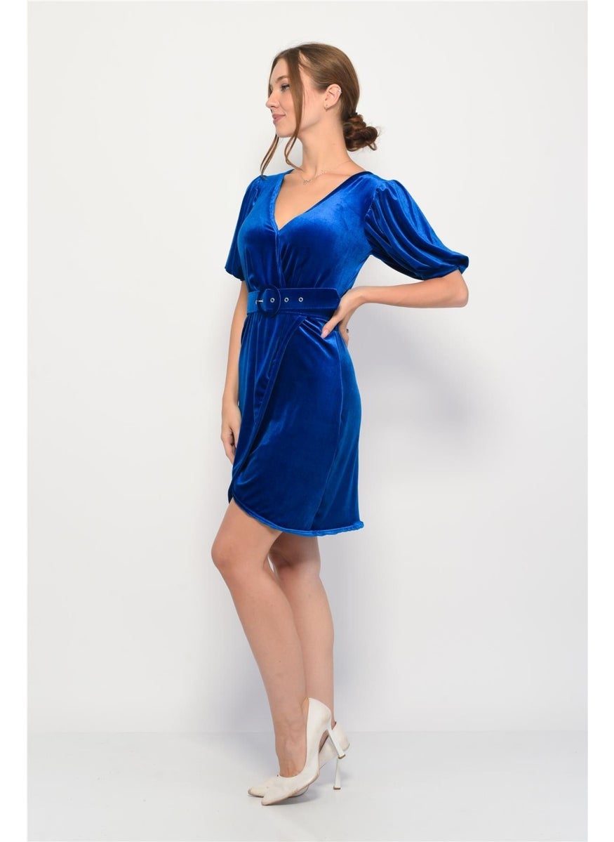 Velvet Double Breasted Collar Short Balloon Sleeve Mini Dress in Saxe