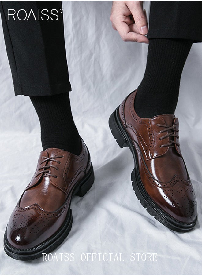 Formal PU Leather Shoes for Men Round Toe Lace up Brogue Pattern Breathable Non Slip Shoes Mens Burnished Premium Textured Dress Shoes Brown