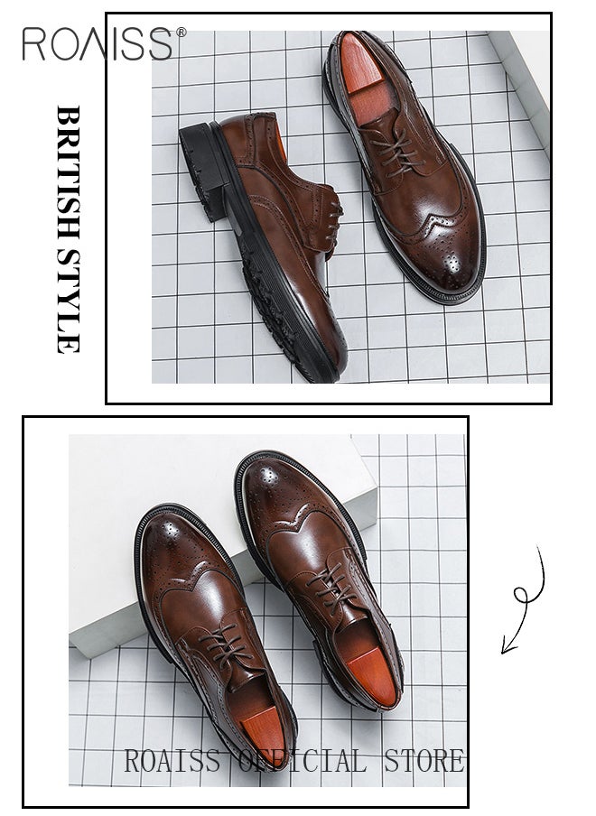 Formal PU Leather Shoes for Men Round Toe Lace up Brogue Pattern Breathable Non Slip Shoes Mens Burnished Premium Textured Dress Shoes Brown