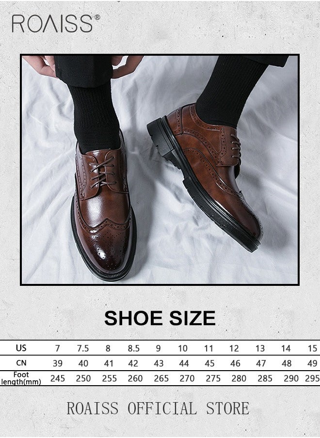 Formal PU Leather Shoes for Men Round Toe Lace up Brogue Pattern Breathable Non Slip Shoes Mens Burnished Premium Textured Dress Shoes Brown
