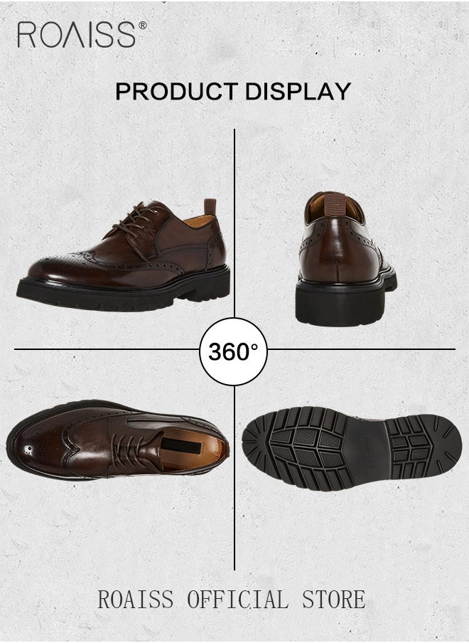 Formal PU Leather Shoes for Men Round Toe Lace up Brogue Pattern Breathable Non Slip Shoes Mens Burnished Premium Textured Dress Shoes Brown