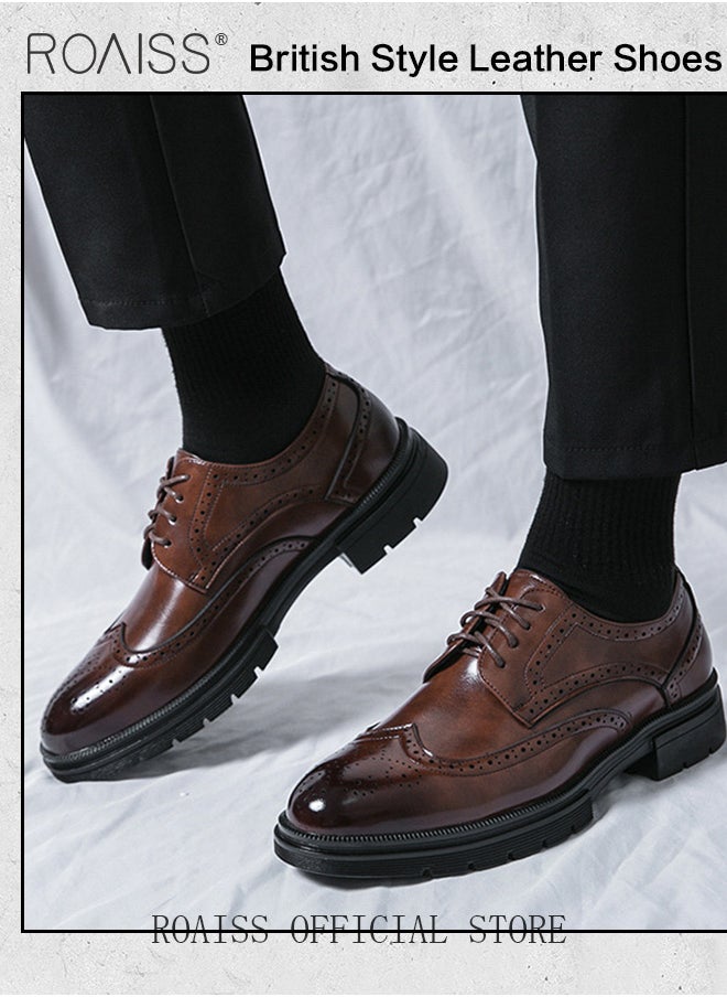 Formal PU Leather Shoes for Men Round Toe Lace up Brogue Pattern Breathable Non Slip Shoes Mens Burnished Premium Textured Dress Shoes Brown