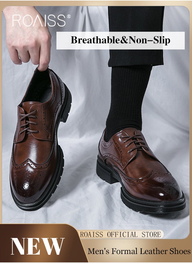 Formal PU Leather Shoes for Men Round Toe Lace up Brogue Pattern Breathable Non Slip Shoes Mens Burnished Premium Textured Dress Shoes Brown