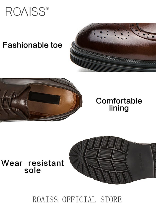 Formal PU Leather Shoes for Men Round Toe Lace up Brogue Pattern Breathable Non Slip Shoes Mens Burnished Premium Textured Dress Shoes Brown
