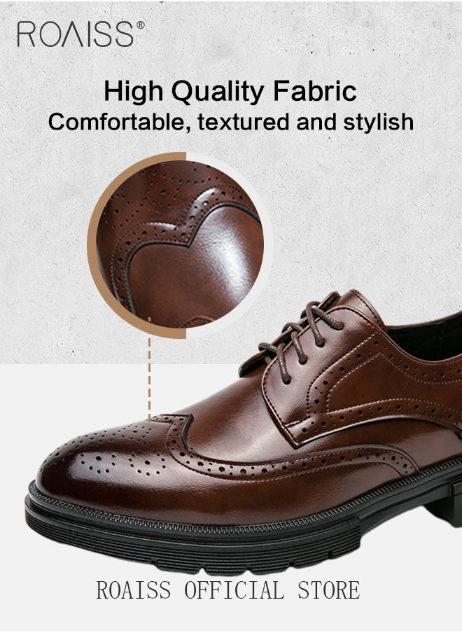 Formal PU Leather Shoes for Men Round Toe Lace up Brogue Pattern Breathable Non Slip Shoes Mens Burnished Premium Textured Dress Shoes Brown