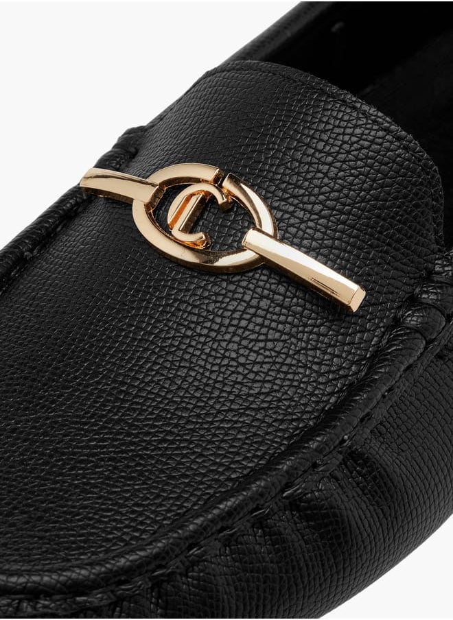 Women Textured Slip-On Loafers with Metal Accent