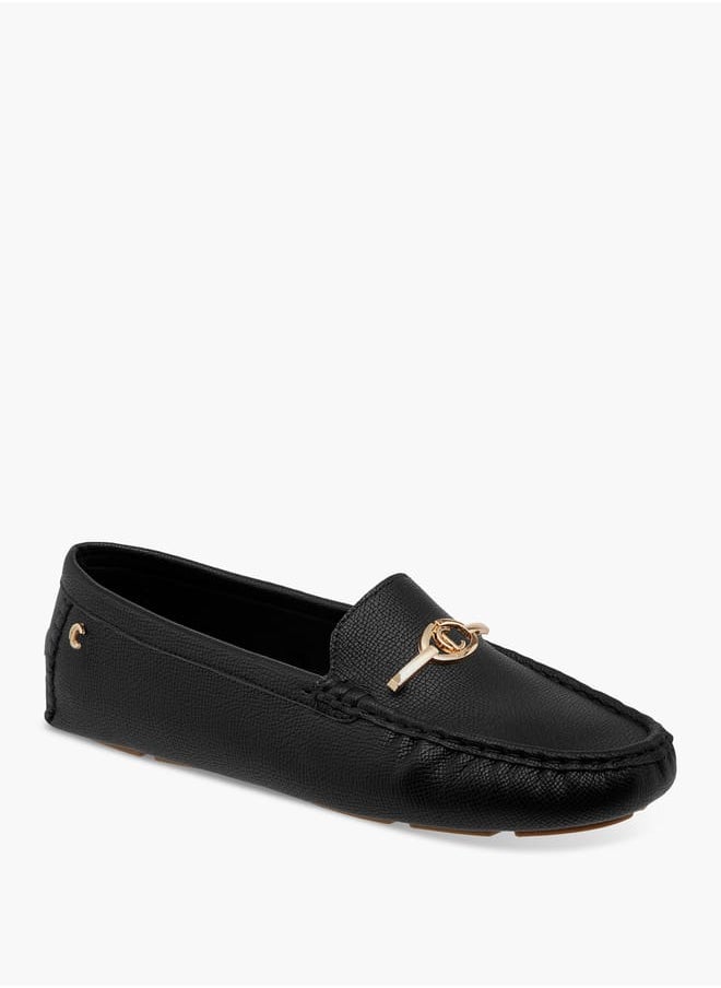 Women Textured Slip-On Loafers with Metal Accent