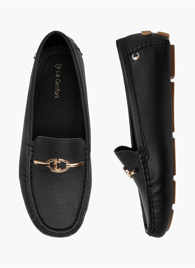 Women Textured Slip-On Loafers with Metal Accent