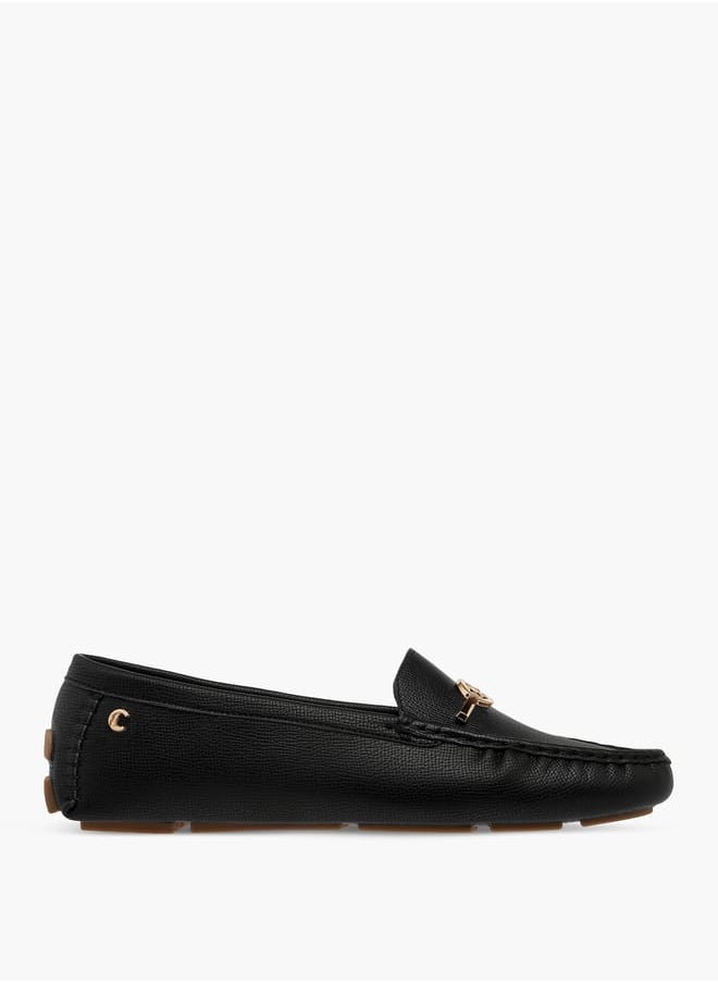 Women Textured Slip-On Loafers with Metal Accent