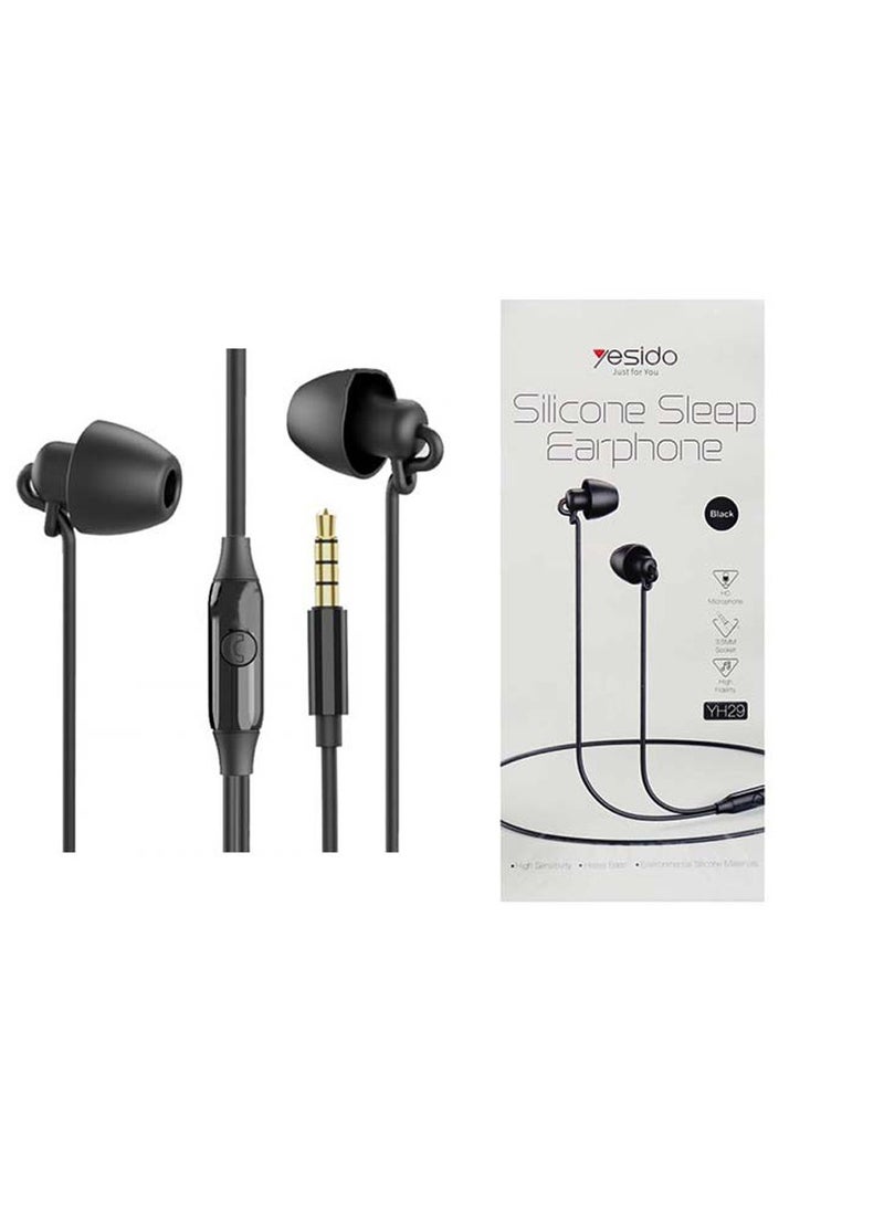Yesido YH29 Silicone Sleep Earphone Wired 3.5mm Jack HD Microphone Earphone - Black