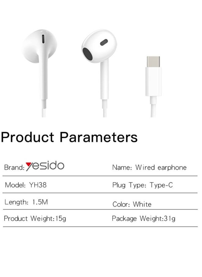 YH38 Type-C Wired Earphones with Microphone – High Quality Stereo Sound Headset for Smartphones, USB-C Earbuds with In-Line Controls for Music & Calls – White