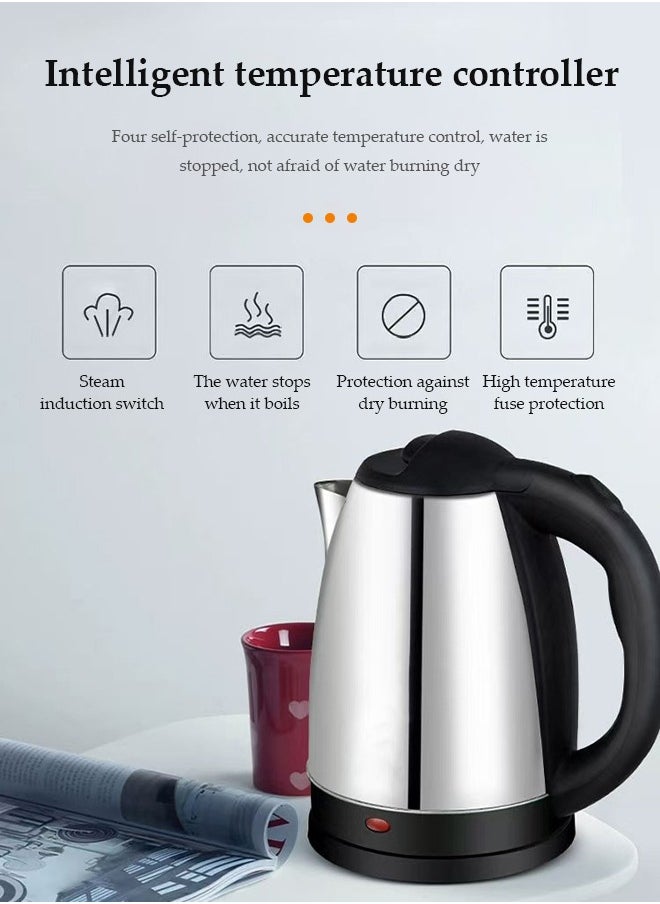 Stainless steel electric kettle, electric tea kettle,with indicator light, 360 degree rotating base and safety touch handle, automatic power off protection , 1500W, suitable for home and office, 2L