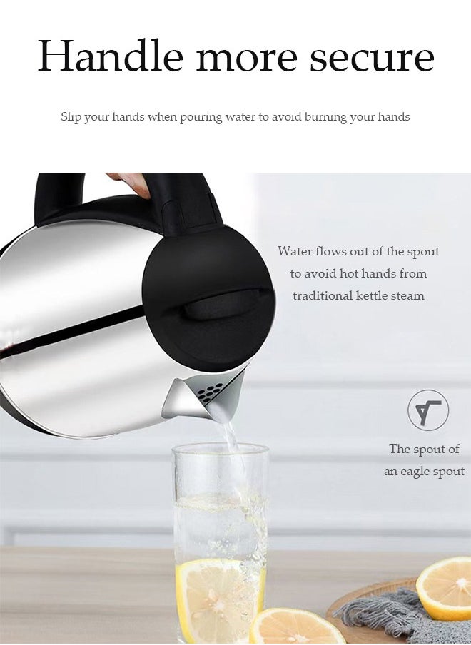 Stainless steel electric kettle, electric tea kettle,with indicator light, 360 degree rotating base and safety touch handle, automatic power off protection , 1500W, suitable for home and office, 2L