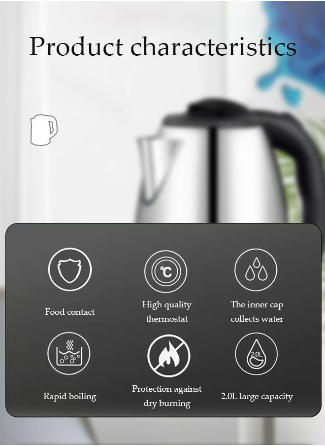 Stainless steel electric kettle, electric tea kettle,with indicator light, 360 degree rotating base and safety touch handle, automatic power off protection , 1500W, suitable for home and office, 2L