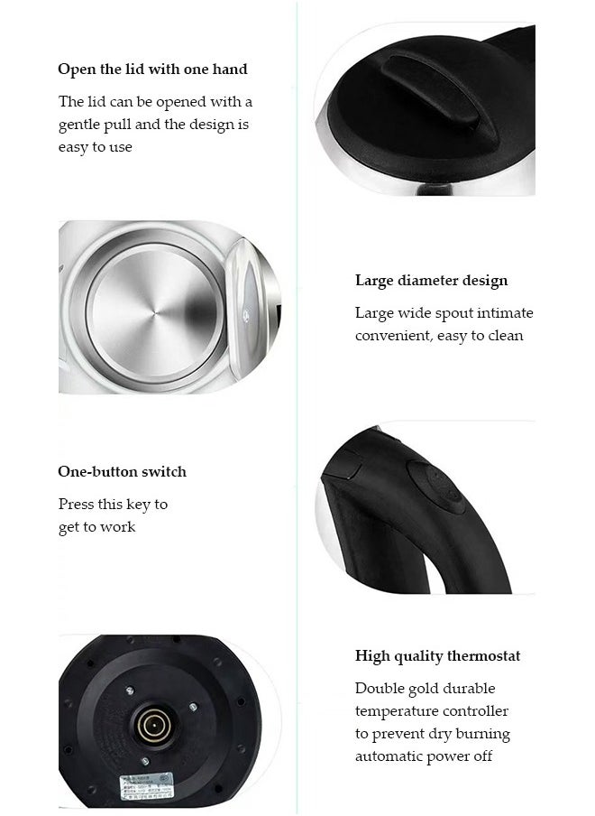 Stainless steel electric kettle, electric tea kettle,with indicator light, 360 degree rotating base and safety touch handle, automatic power off protection , 1500W, suitable for home and office, 2L
