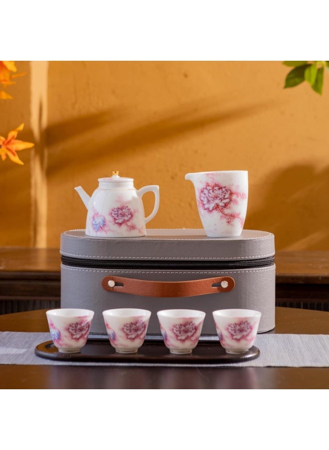 Elegant Porcelain Tea Set - Lotus Design, 7-Piece Set with Wooden Tray, Dishwasher & Microwave Safe, Ideal for Various Tea Types, Perfect for Gift and Daily Use