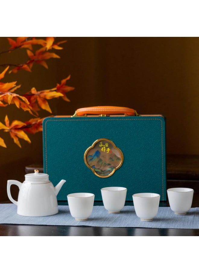 Luxury Ceramic Tea Set with Teapot (250cc/8.3 oz) and 4 Gold-Rimmed Cups (37cc/1.2 oz) – Elegant White Porcelain Gift Set in Premium Box – Microwave, Dishwasher, and Oven Safe