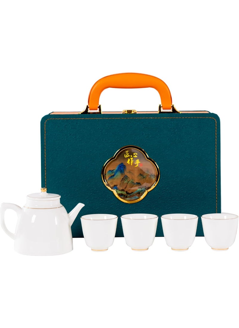 Luxury Ceramic Tea Set with Teapot (250cc/8.3 oz) and 4 Gold-Rimmed Cups (37cc/1.2 oz) – Elegant White Porcelain Gift Set in Premium Box – Microwave, Dishwasher, and Oven Safe