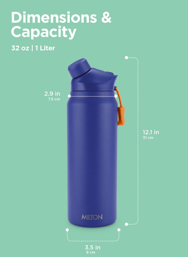 940ml Vacuum Insulated Water Bottle with Magnetic Straw Lid, Keeps Drinks 12 Hrs Hot & 24 Hrs Cold, 18/8 Stainless Steel, Double-Walled Flask with Inner Copper Coating for Sports - Turk Blue