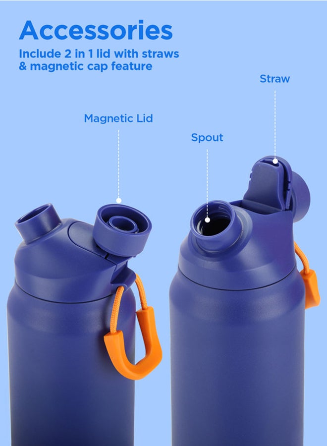 940ml Vacuum Insulated Water Bottle with Magnetic Straw Lid, Keeps Drinks 12 Hrs Hot & 24 Hrs Cold, 18/8 Stainless Steel, Double-Walled Flask with Inner Copper Coating for Sports - Turk Blue