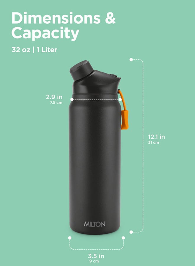 940ml Vacuum Insulated Water Bottle with Magnetic Straw Lid, Keeps Drinks 12 Hrs Hot & 24 Hrs Cold, 18/8 Stainless Steel, Double-Walled Flask with Inner Copper Coating for Sports - Turk Black