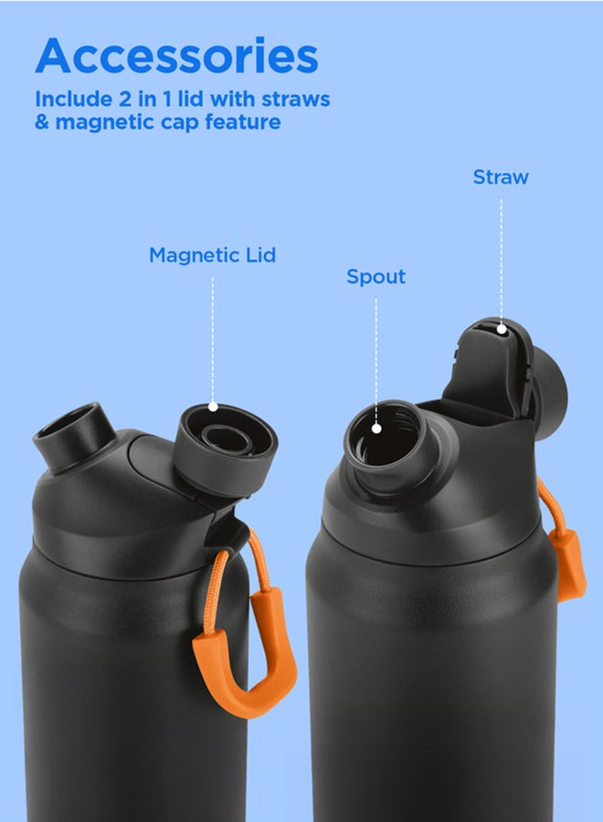 940ml Vacuum Insulated Water Bottle with Magnetic Straw Lid, Keeps Drinks 12 Hrs Hot & 24 Hrs Cold, 18/8 Stainless Steel, Double-Walled Flask with Inner Copper Coating for Sports - Turk Black
