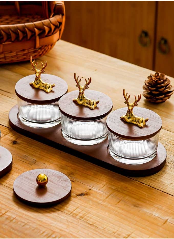 Arabic vertical pattern three heroes set: 3×200ml moisture-proof glass jar + natural wood lid tray | coffee beans lock freshness/candy anti-sticking/living room light luxury storage, Ramadan kitchen artifact one-click upgrade home aesthetics