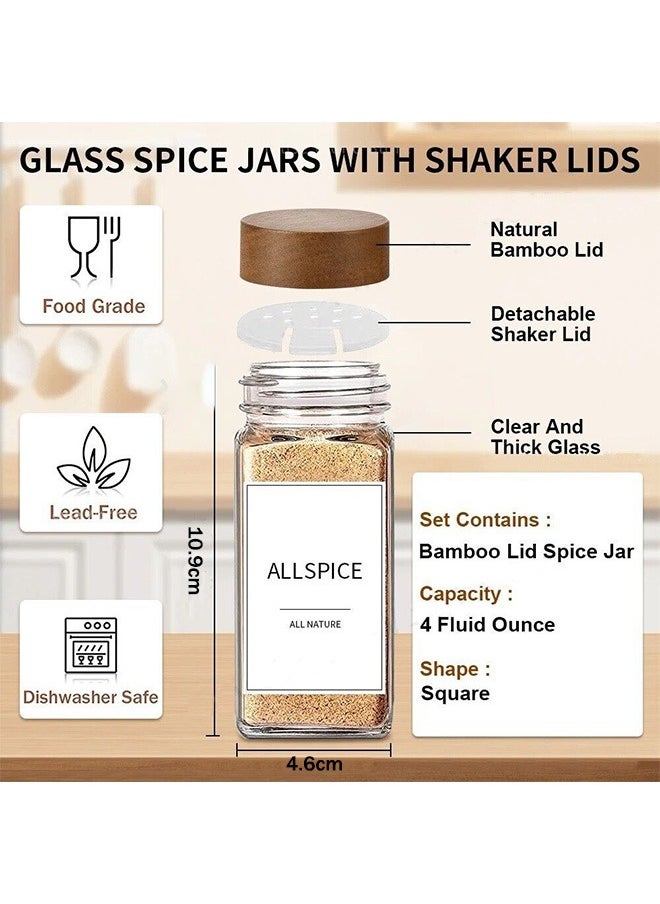 24-Piece Glass pice Jars with Acacia Wood Lids– 120ml Transparent Storage Bottles , Shaker Lids, Labels & Funnel for Kitchen Organization