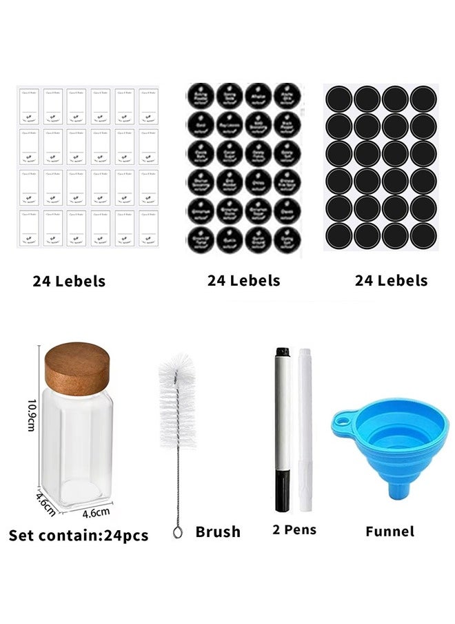 24-Piece Glass pice Jars with Acacia Wood Lids– 120ml Transparent Storage Bottles , Shaker Lids, Labels & Funnel for Kitchen Organization
