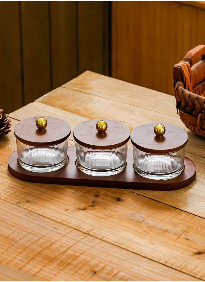 Arabic vertical pattern three heroes set: 3×200ml moisture-proof glass jar + natural wood lid tray | coffee beans lock freshness/candy anti-sticking/living room light luxury storage, Ramadan kitchen artifact one-click upgrade home aesthetics