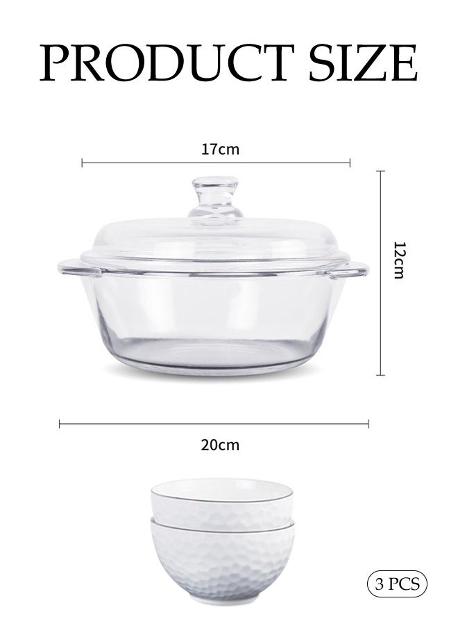 Clear Glass Cooking Pot, Covered Glass Stew Pot, With Two Diamond Bowls, Heat Resistant, Easy To Clean, Suitable For Pasta, Soup, Milk