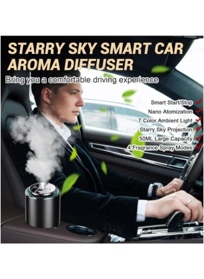 Smart Car Air Freshener Diffuser with Starry Sky Projection – Rechargeable Auto Aroma Diffuser with Cologne Scented Perfume Oil, Intelligent Motion Sensor, Auto On/Off, Silent Operation, Compact for All Vehicles