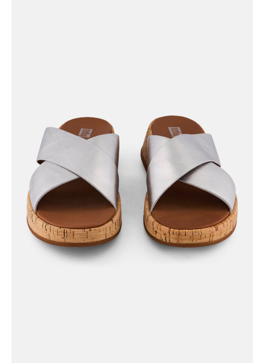 Women Mode Metallic Leather Slip On Sandal, Silver