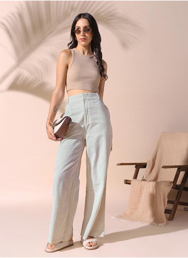 Women sage green loose fit striped cotton blend trousers with button closure- tailored to elevate your everyday.