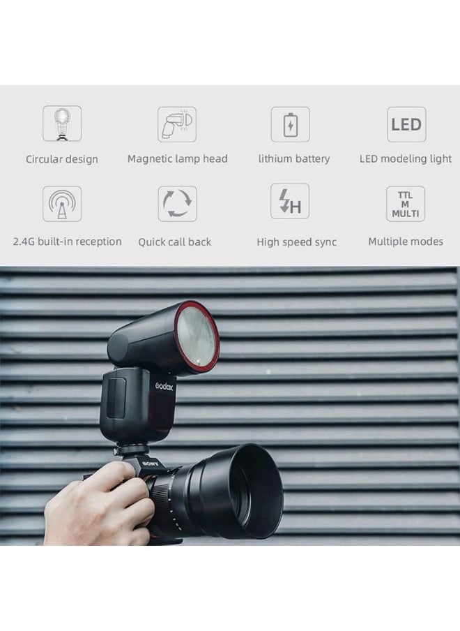Godox V1-S TTL Camera Flash for Sony – V1 S 76Ws Round Head Speedlight, 2.4G Wireless, HSS 1/8000s, 480 Shots, Li-ion Battery, LED Modeling Lamp – V1S Professional Godox Flash Light