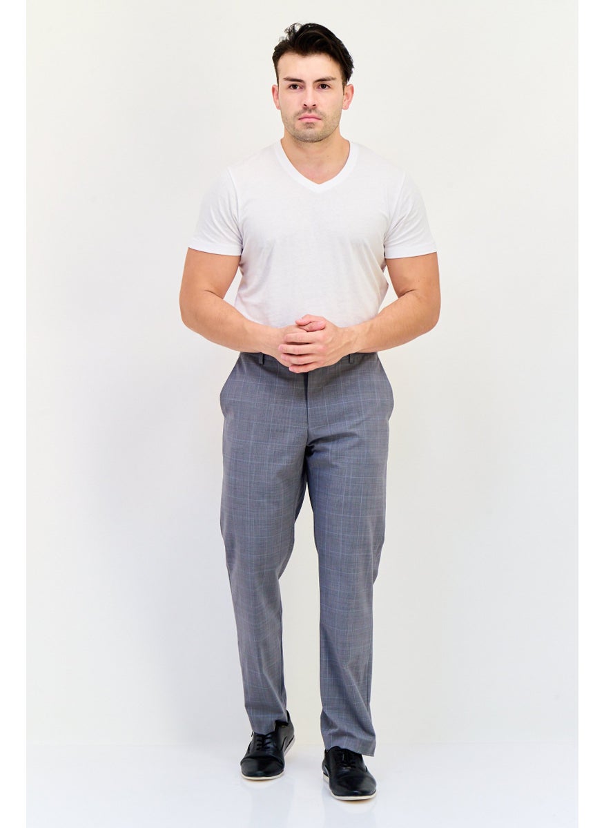 Men Regular Fit Checkered Dress Pants, Grey