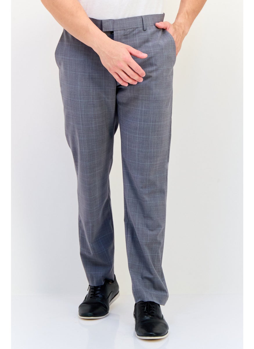 Men Regular Fit Checkered Dress Pants, Grey