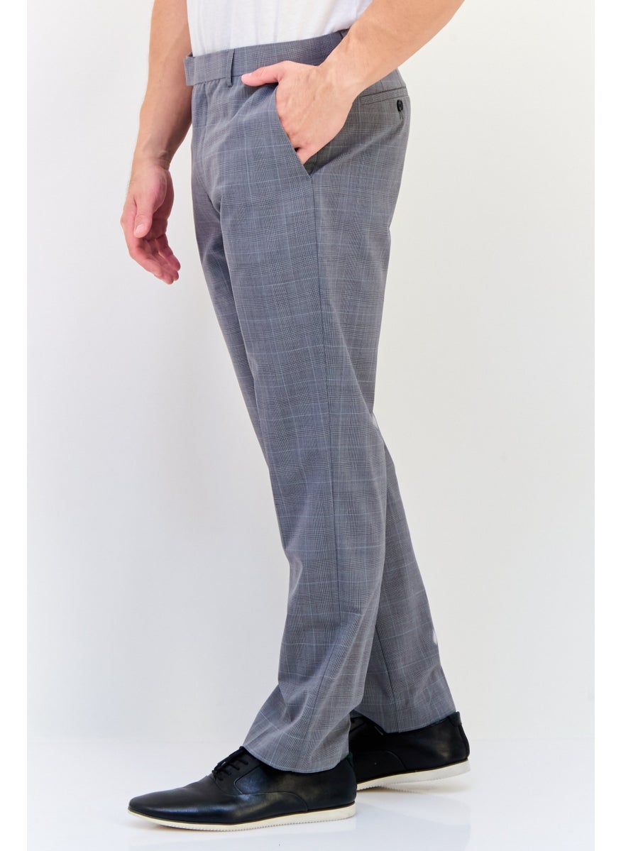 Men Regular Fit Checkered Dress Pants, Grey