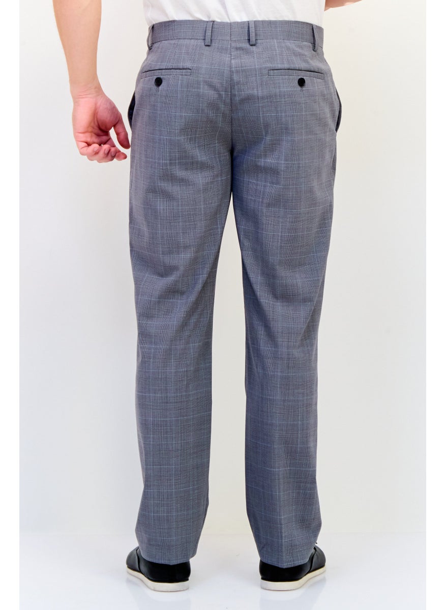 Men Regular Fit Checkered Dress Pants, Grey