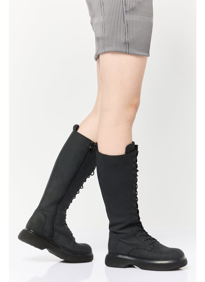 Women Troubless Zipper Closure Knee-Length Boots, Black