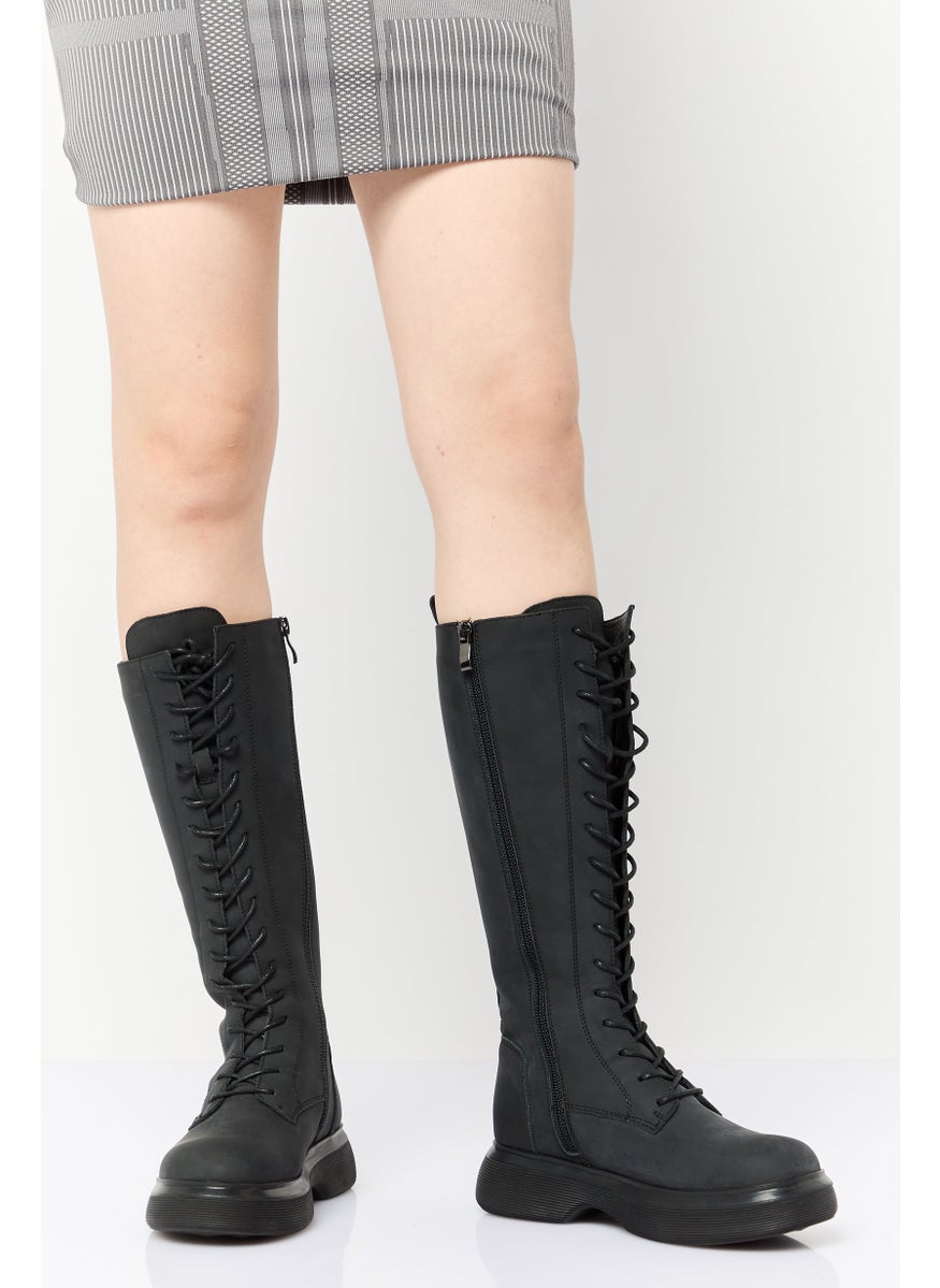 Women Troubless Zipper Closure Knee-Length Boots, Black