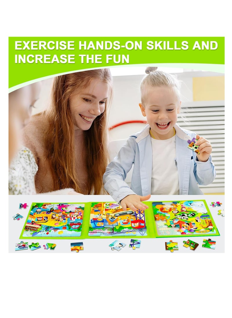 Magnetic Puzzles for Kids Ages 4-8, 3 in 1 Cartoon Jigsaw Puzzle Book, Kids Travel Puzzles Toys, Preschool Learning Toy for Kids 3-8 Year (Green Zoo)