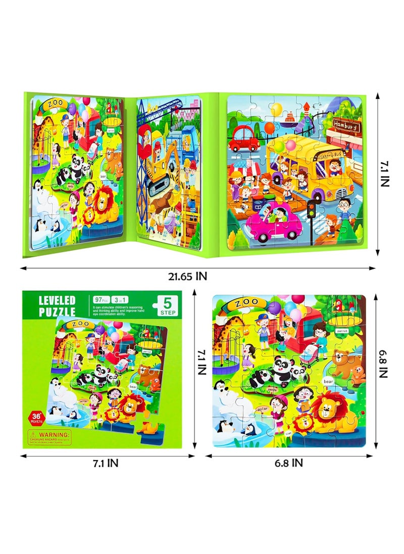Magnetic Puzzles for Kids Ages 4-8, 3 in 1 Cartoon Jigsaw Puzzle Book, Kids Travel Puzzles Toys, Preschool Learning Toy for Kids 3-8 Year (Green Zoo)