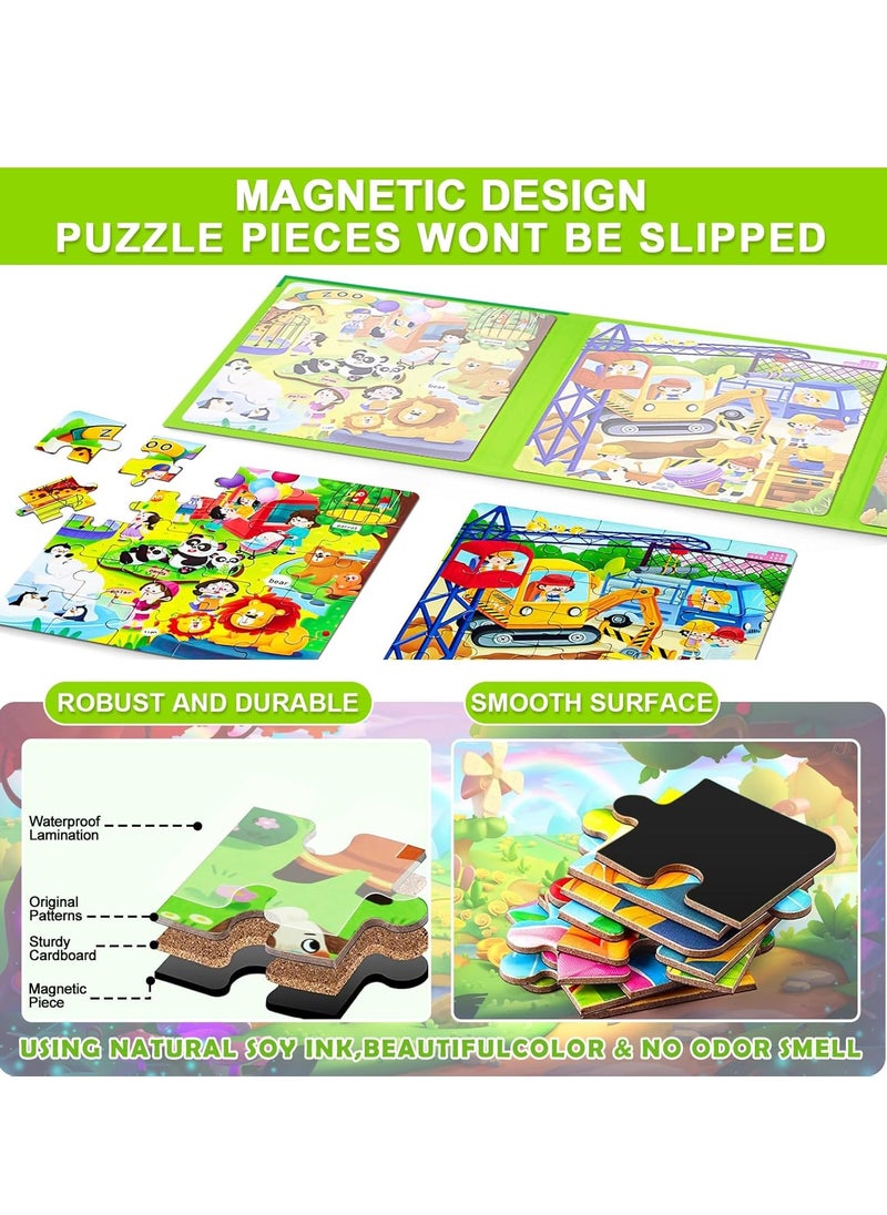 Magnetic Puzzles for Kids Ages 4-8, 3 in 1 Cartoon Jigsaw Puzzle Book, Kids Travel Puzzles Toys, Preschool Learning Toy for Kids 3-8 Year (Green Zoo)