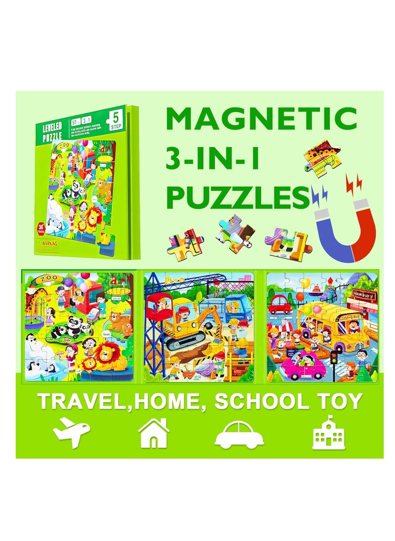Magnetic Puzzles for Kids Ages 4-8, 3 in 1 Cartoon Jigsaw Puzzle Book, Kids Travel Puzzles Toys, Preschool Learning Toy for Kids 3-8 Year (Green Zoo)