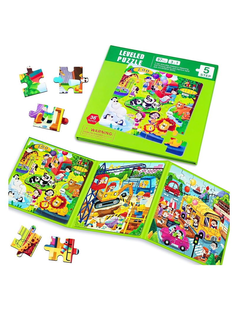 Magnetic Puzzles for Kids Ages 4-8, 3 in 1 Cartoon Jigsaw Puzzle Book, Kids Travel Puzzles Toys, Preschool Learning Toy for Kids 3-8 Year (Green Zoo)