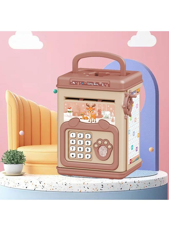 Kids Money Saving Box Fingerprint Safe Password Cartoon Manual Educational Electronic Coin Bank Pink