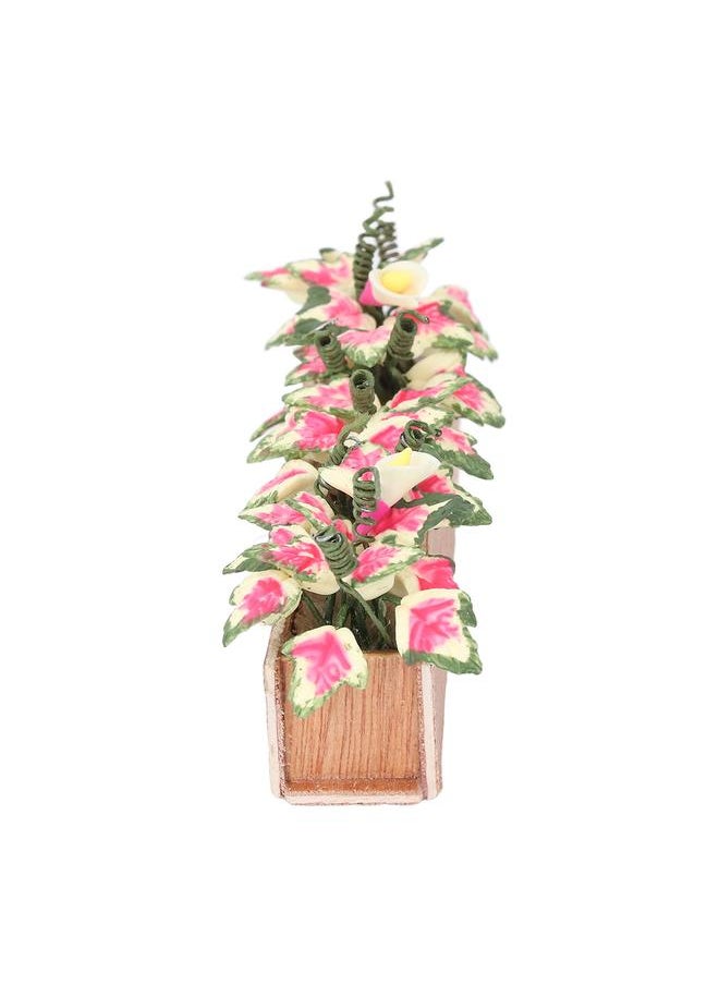 1:12 Scale Miniature Potted Plant High Simulation Red Leaves Resin Wood Dollhouse Decoration