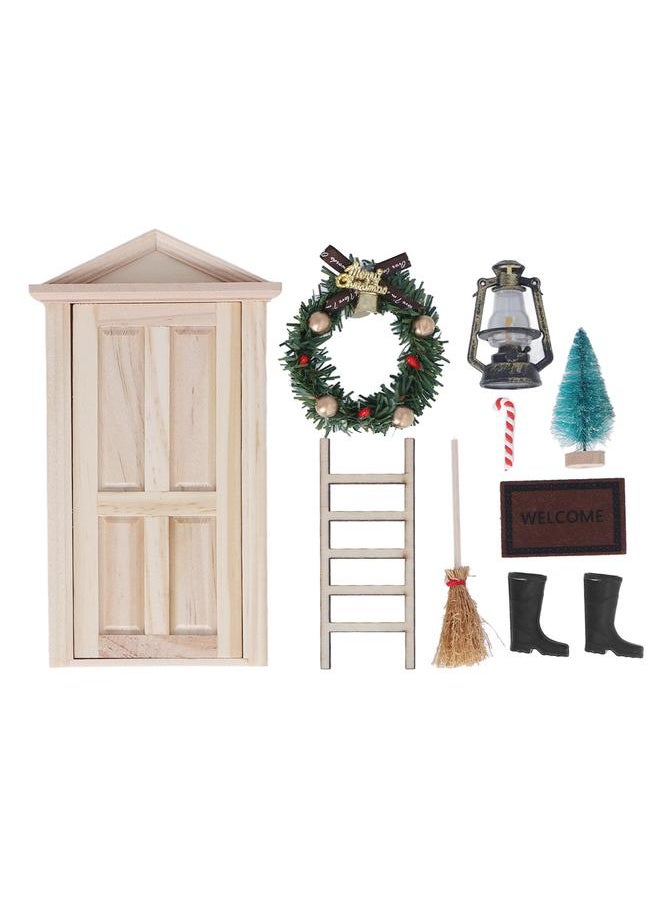 Mini Christmas Tree Door Kit Basswood Broom Ladder Cane Oil Lamp Carpet Miniature Dollhouse Accessories