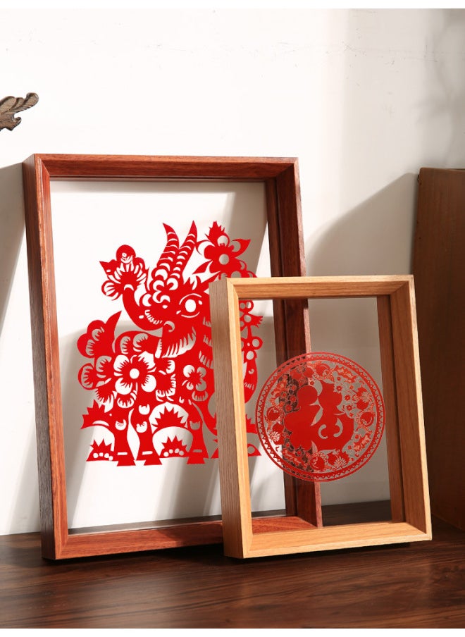Chinese-style Double-sided Transparent Photo Frame Table Year Paper-cut Fu Character Calligraphy Frame Mounted Ornaments Specimen Display Stand A4 Frame-Color:Square 15inch [can Hold 38* 38cm ]-mahogany Color